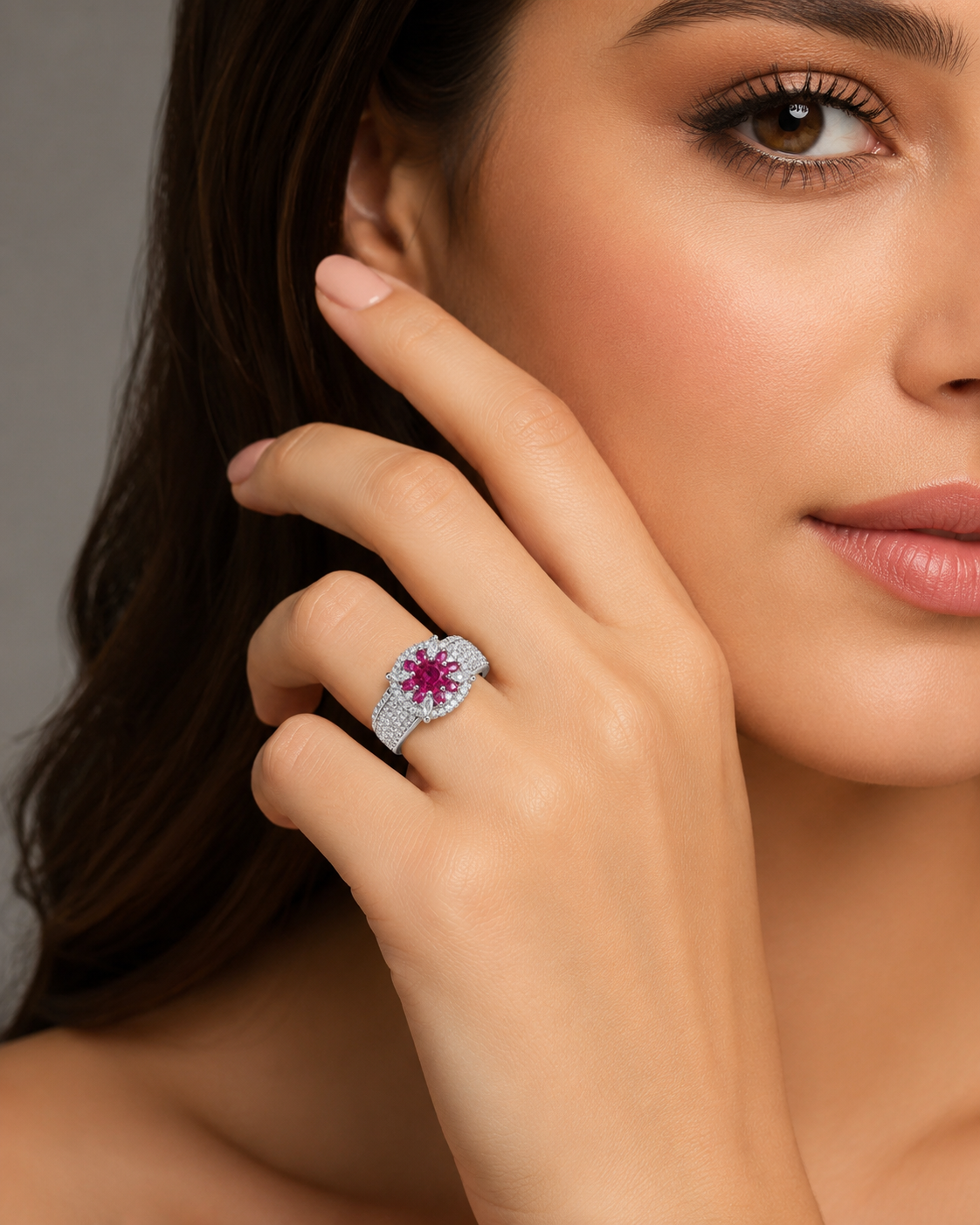 Silver Diagonal Crystal Band Ring - Image 2