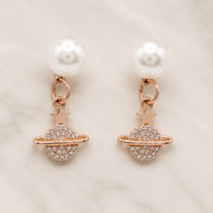 Rose Gold Pearl Planet Drop Earrings