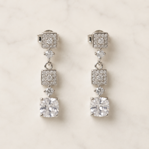 Silver Square Crystal Drop Earrings