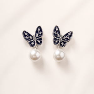 Navy Butterfly Pearl Drop Earrings