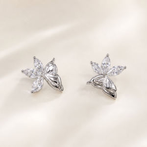 Silver Butterfly Leaf Crystal Stud Earrings