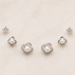 Silver Pearl Flower Stud Earrings Set
