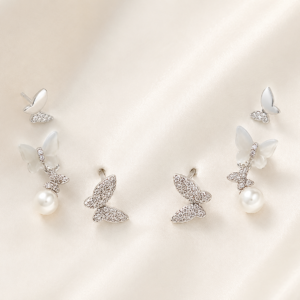 Silver Butterfly Pearl Earrings Set