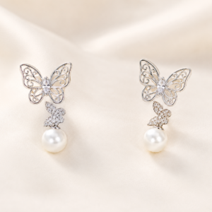 Silver Butterfly Pearl Drop Earrings