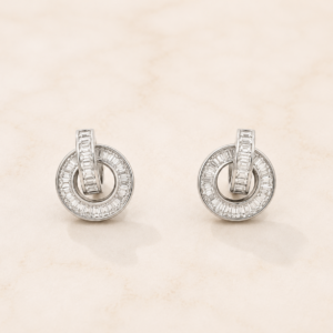 Silver Round Baguette Crystal Earrings