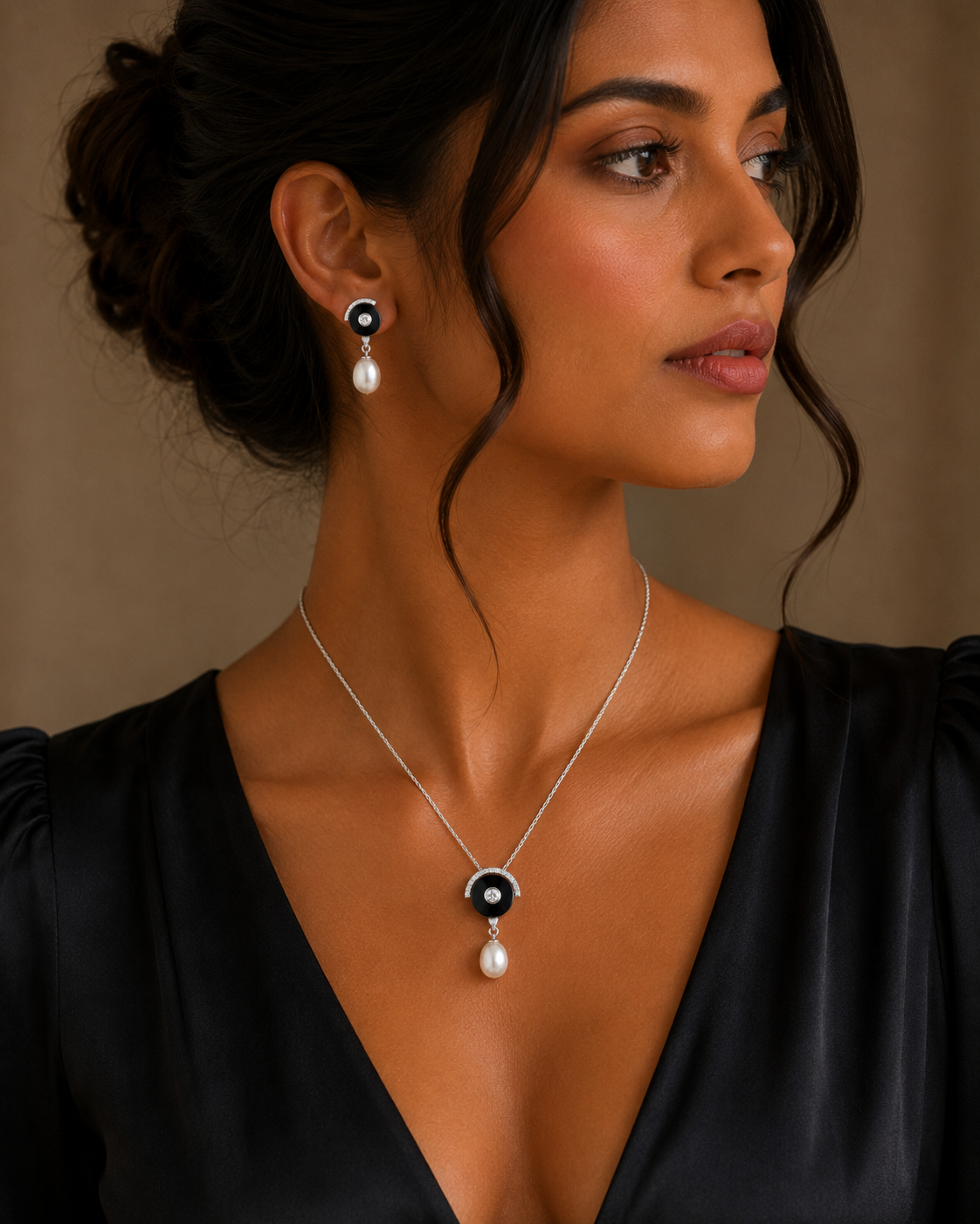 Onyx Crescent & Pearl Drop Jewelry Set - Image 2