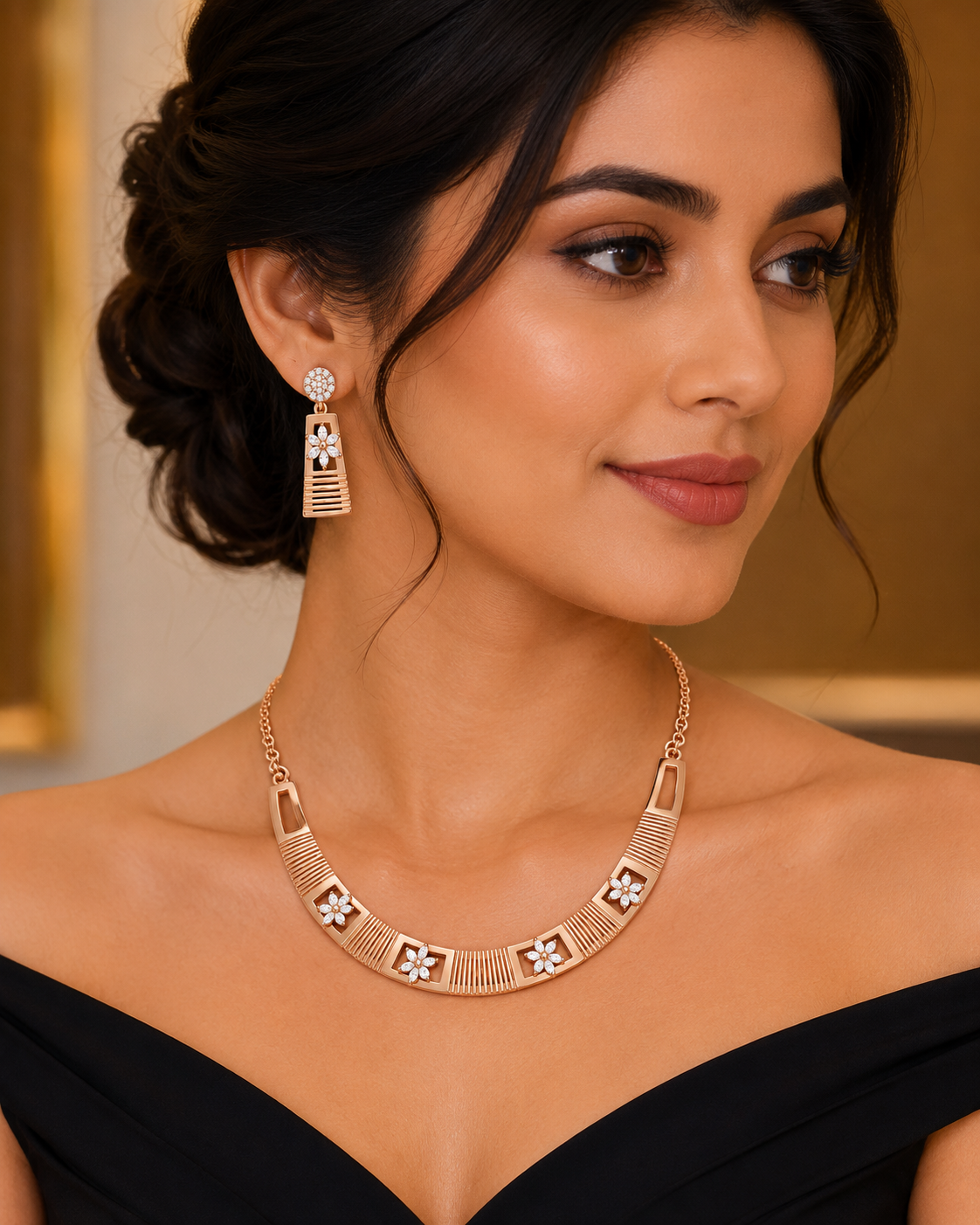 Rose Gold Textured Floral Rigid Collar Set - Image 2