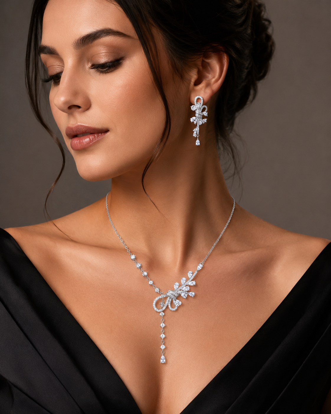 Delicate Crystal Bow & Leaf Drop Pendant Set - Image 2