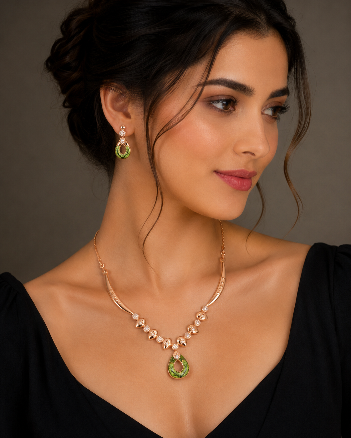 Enamelled Olive Green Teardrop Leaf Set - Image 2