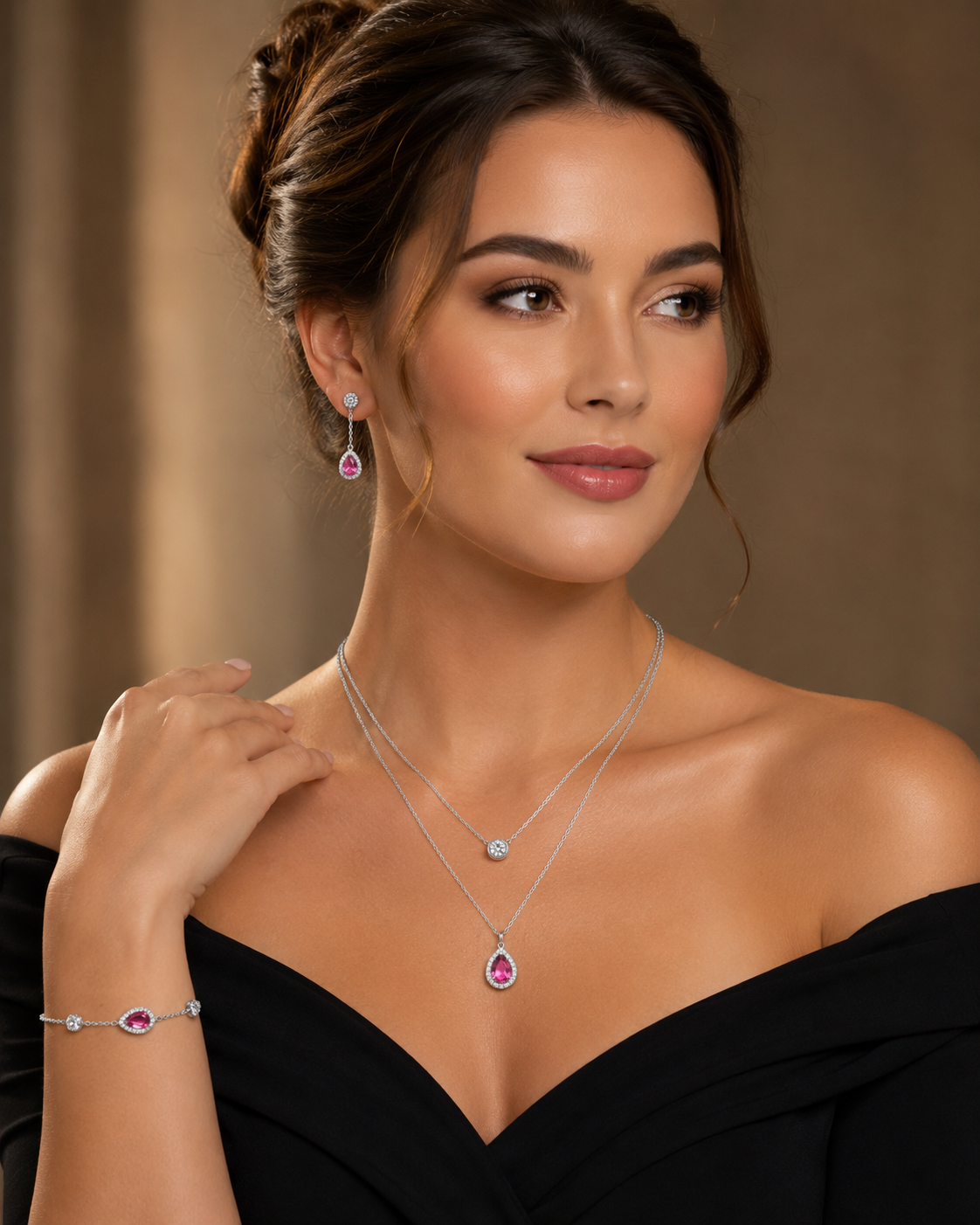 Scarlet Teardrop Layered Necklace & Earring Set - Image 2