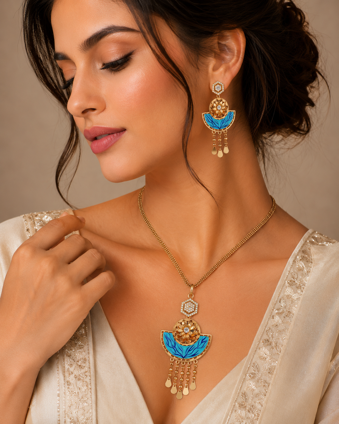 Sky Blue Meenakari Chandelier Fusion Set - Image 2