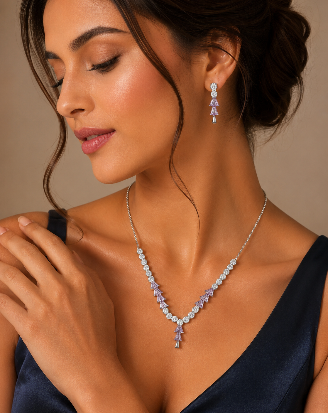 Blush Pink Chevron Crystal Necklace Set - Image 2
