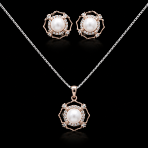 Vintage Halo Pearl & Rose Gold Pendant Set