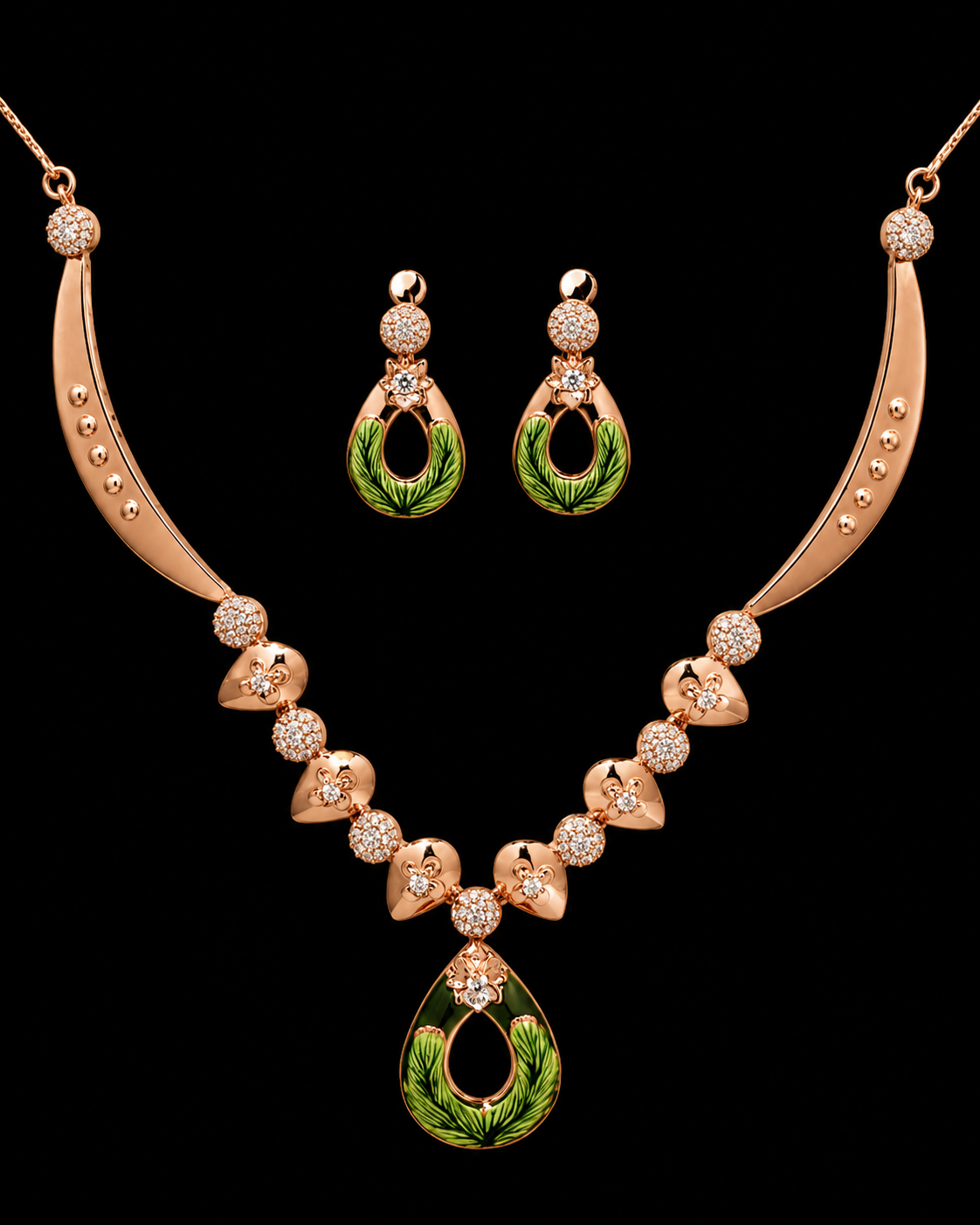 Enamelled Olive Green Teardrop Leaf Set