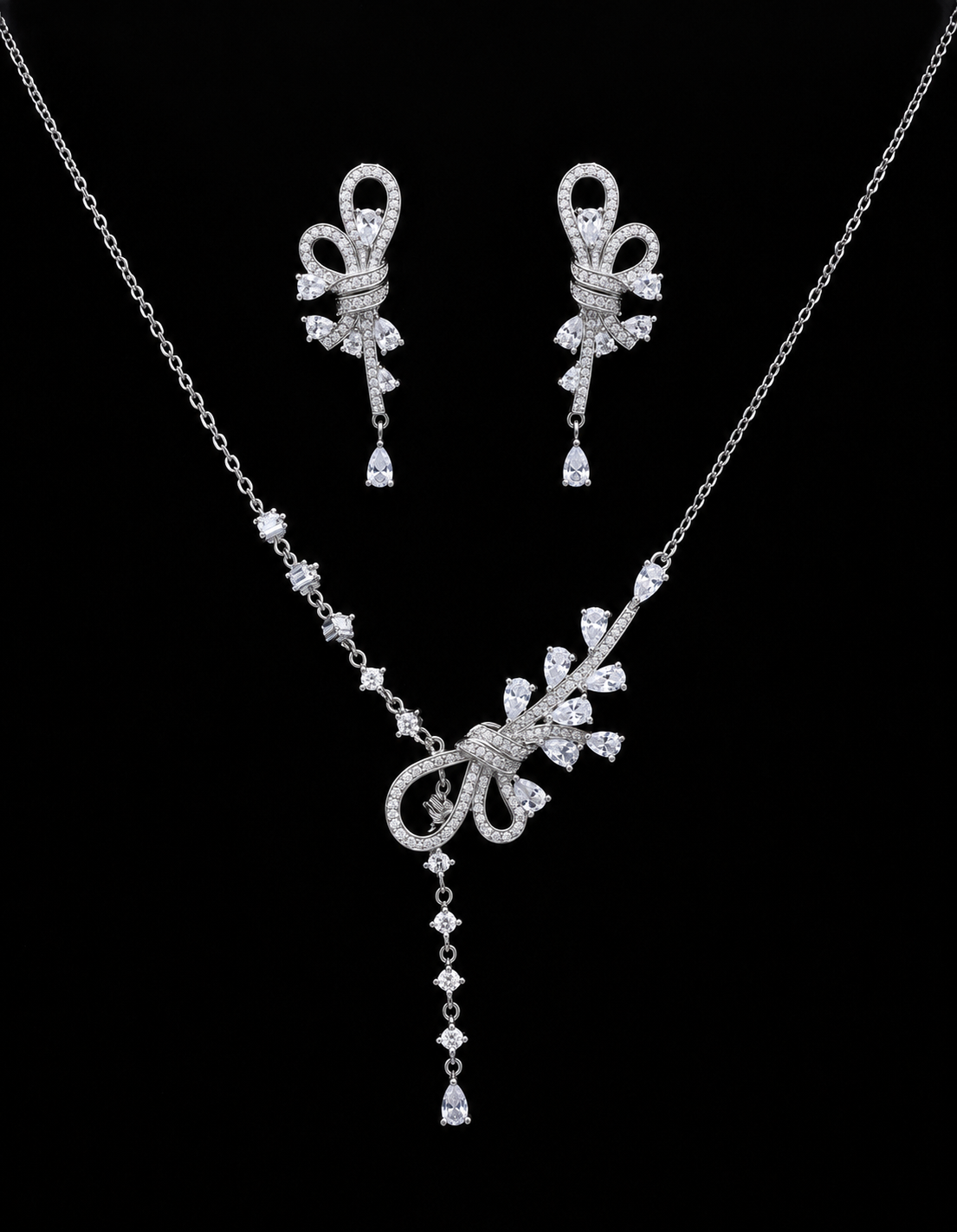 Delicate Crystal Bow & Leaf Drop Pendant Set