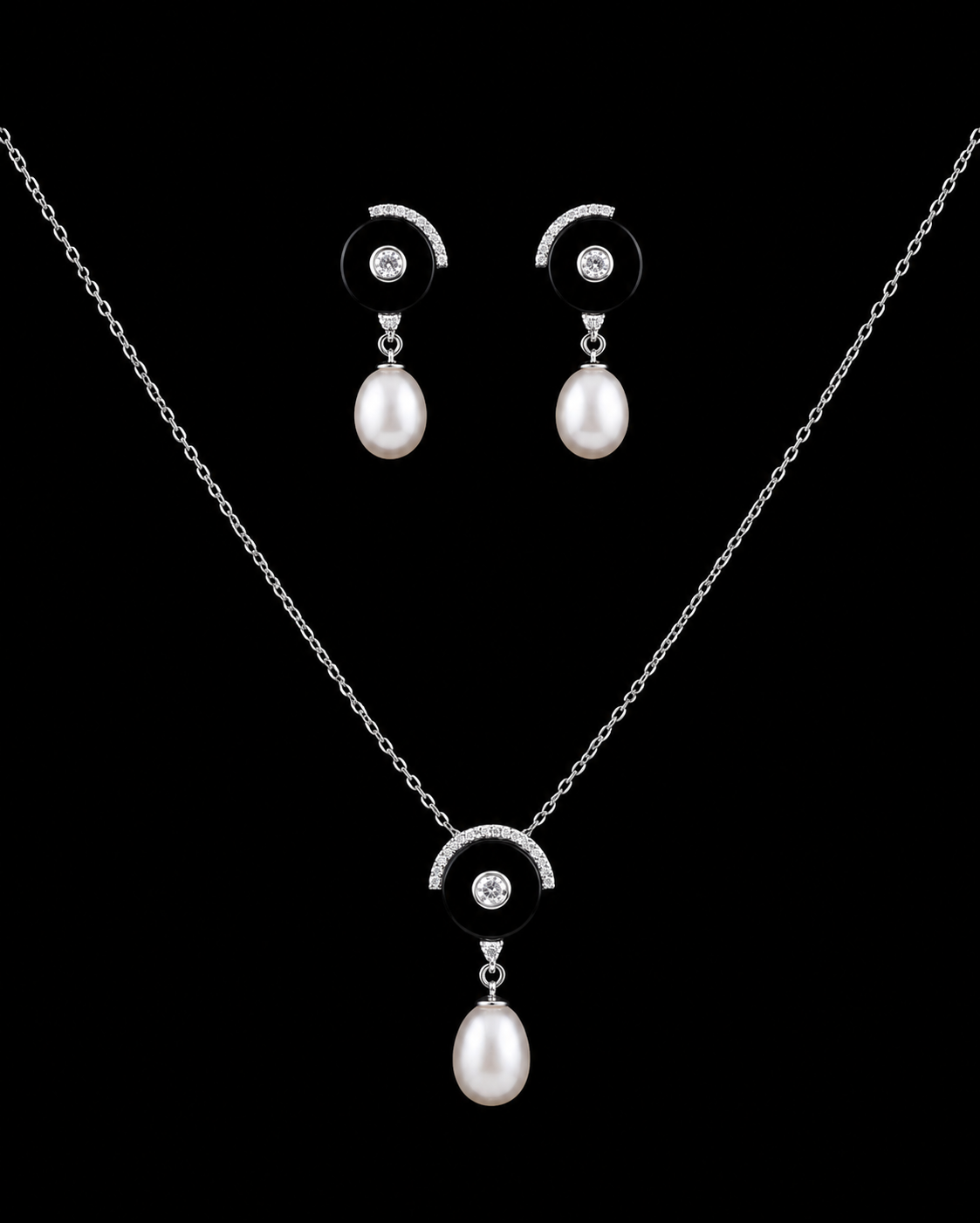 Onyx Crescent & Pearl Drop Jewelry Set