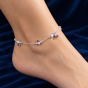 Ruby Leaf Motif Silver Anklet