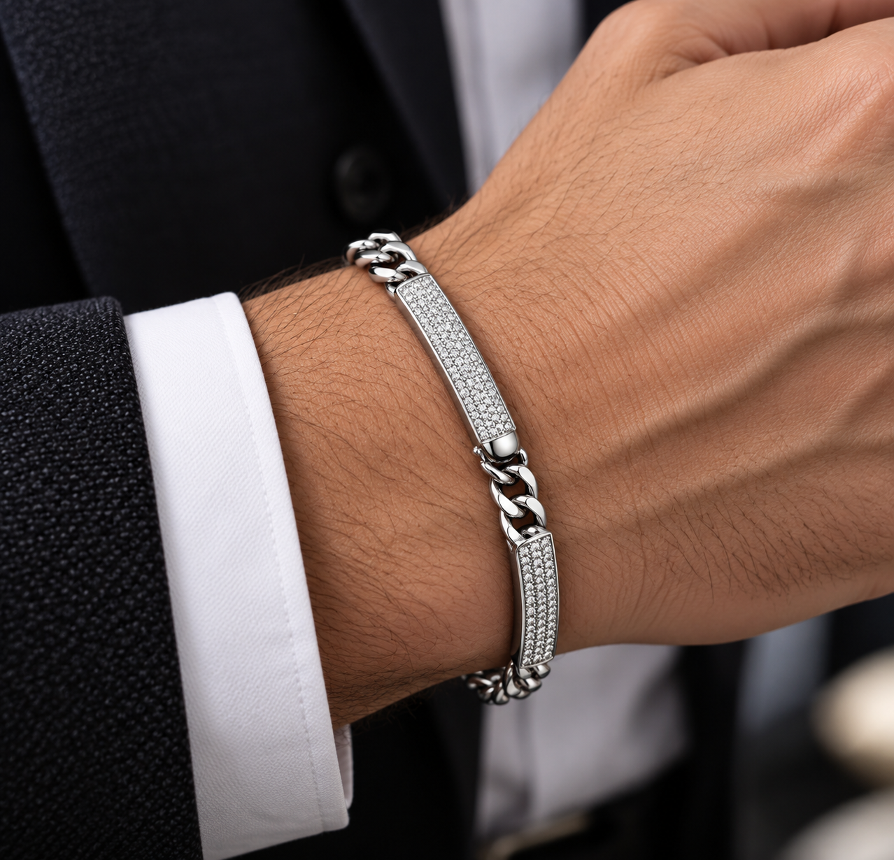 Men's Silver Micro-Paved Dual Bar Curb Chain Bracelet - Image 2