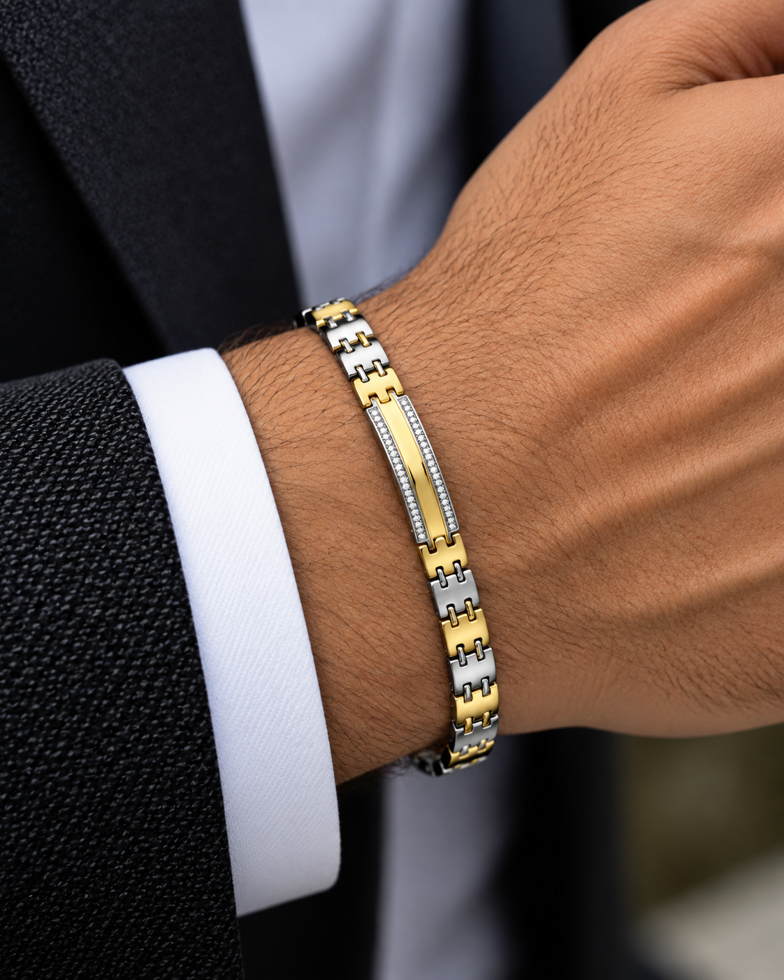 Men's Rose Gold & Silver CZ Curved ID Plate Bracelet - Image 2
