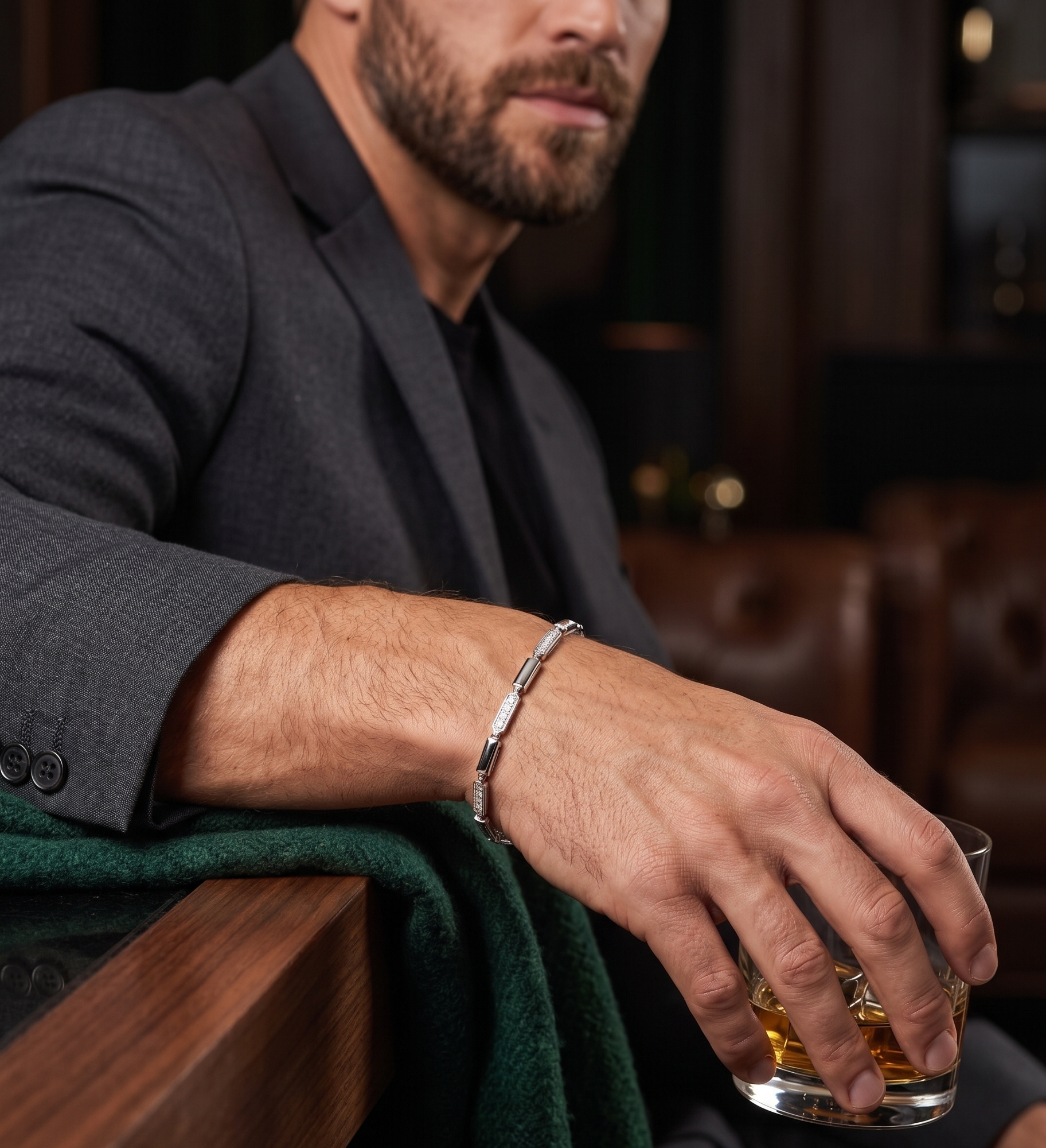 Men's Silver CZ-Paved Cylindrical Bar Link Bracelet - Image 2