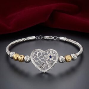 Elegant Heart Floral Silver Bracelet