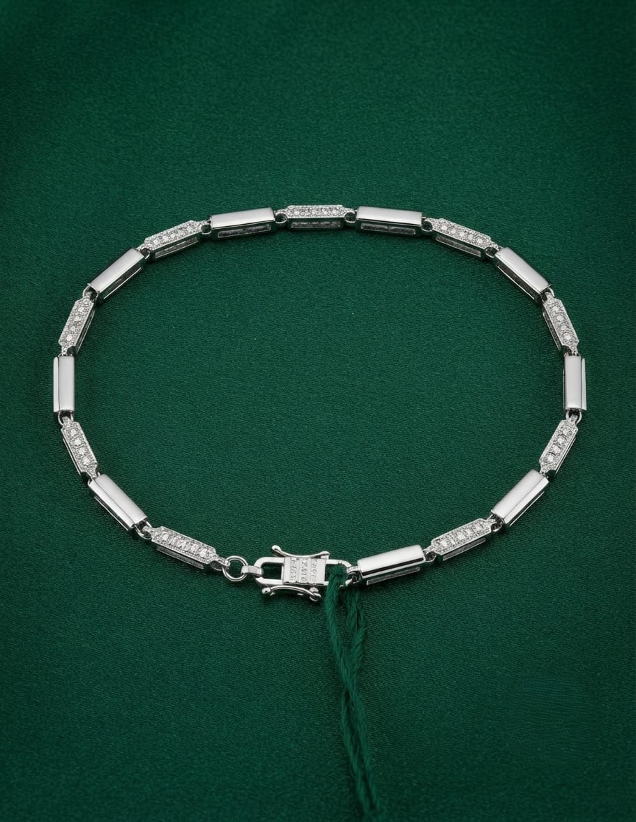Men's Silver CZ-Paved Cylindrical Bar Link Bracelet