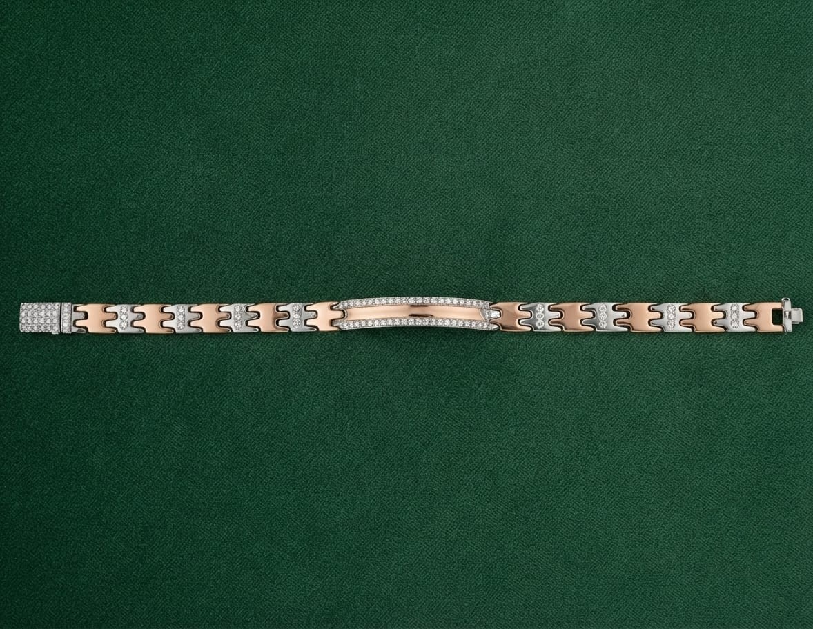 Men's Rose Gold & Silver CZ Curved ID Plate Bracelet