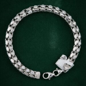 Men's Silver Woven Link Bracelet with Cubic Zirconia Accents