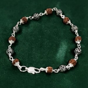 Silver Carved Bead Rudraksha Capped Link Bracelet