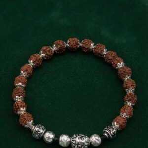 Sacred Om & Trishul Carved Silver Rudraksha Bead Bracelet