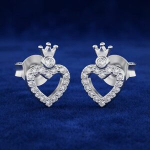 Sterling Silver Princess Crown Pavé Heart Studs