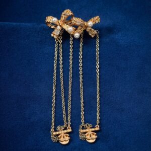 Vintage Gold Textured Ribbon Bow Pearl Chain Earrings