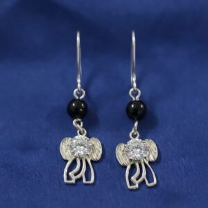 Silver Elephant CZ Drop Earrings with Black Bead