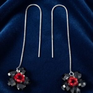 Onyx Black & Ruby Red Crystal Floral Threader Earrings