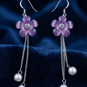 Purple Glitter Floral & Pearl Chain Drop Earrings