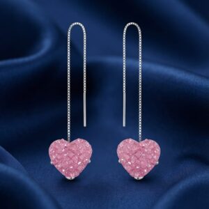 Rose Pink Faceted Crystal Heart Threader Earrings