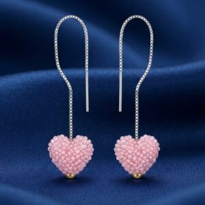 Soft Pink Woven Beaded Heart Threader Earrings
