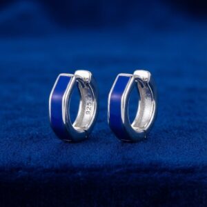 Royal Blue Enamel Silver Huggie Hoop Earrings