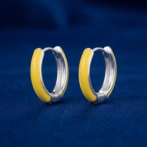 Bright Yellow Enamel Silver Huggie Hoop Earrings