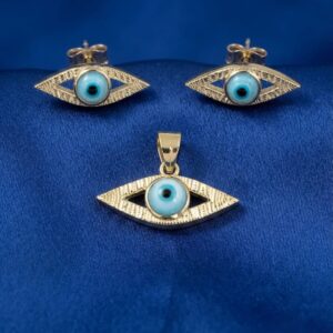 Gold Finish Evil Eye Pendant & Stud Earrings Set