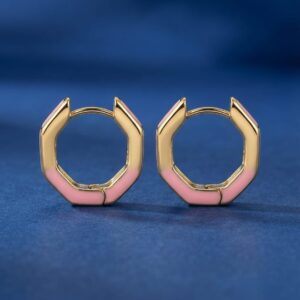 Pink Enamel Hexagon Hoop Earrings