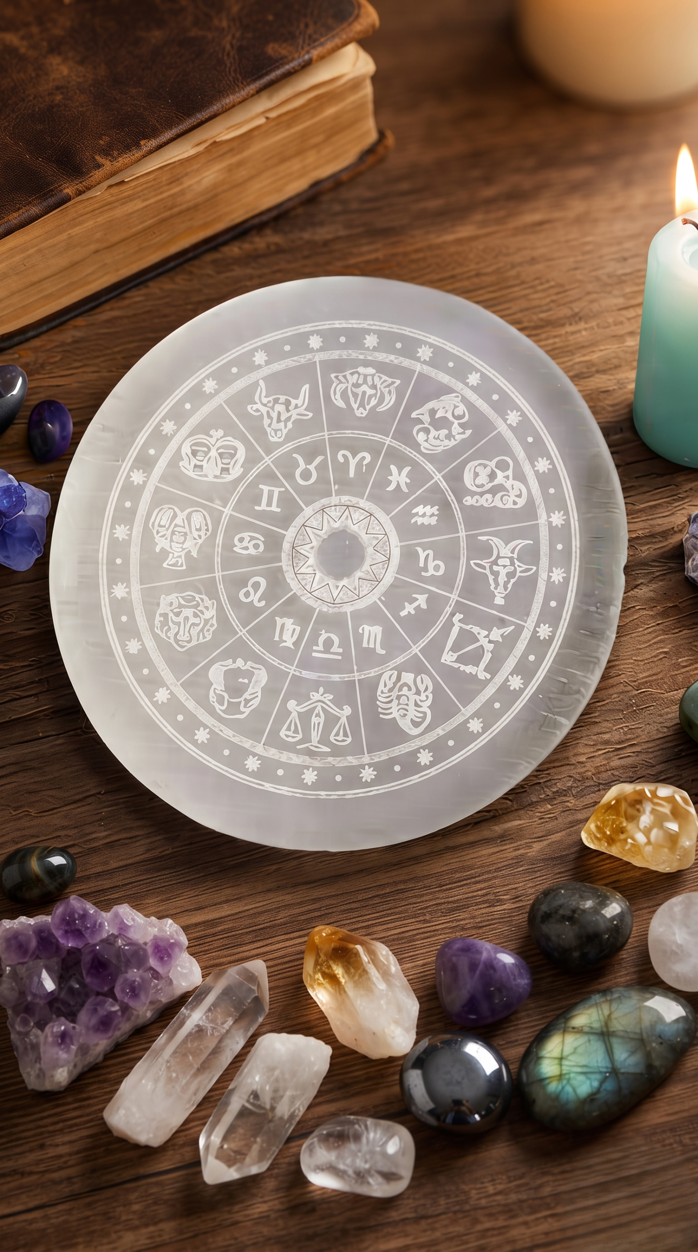 Engraved Selenite Zodiac Crystal Charging Plate