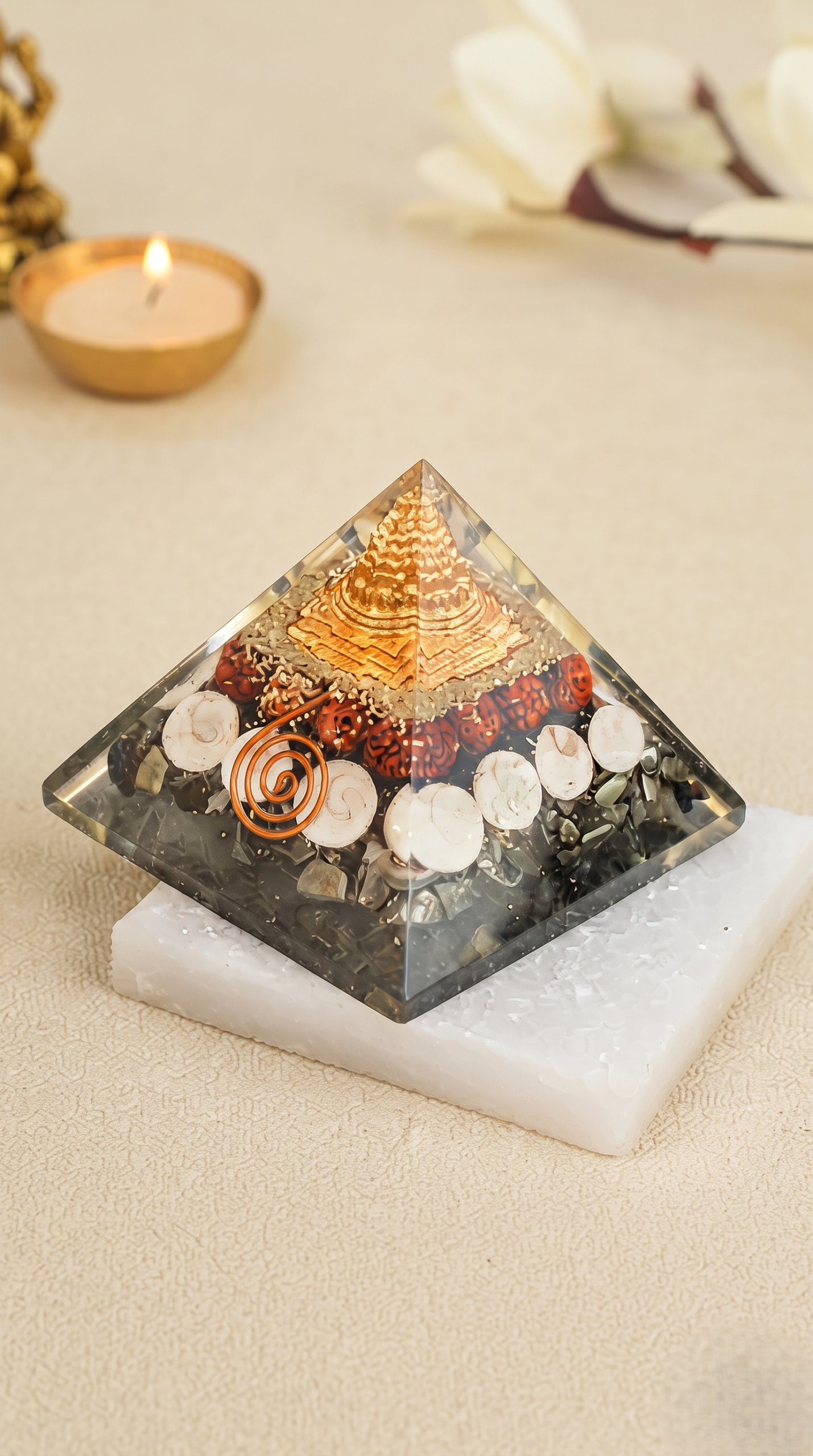 Shri Yantra Orgone Energy Pyramid with Rudraksha