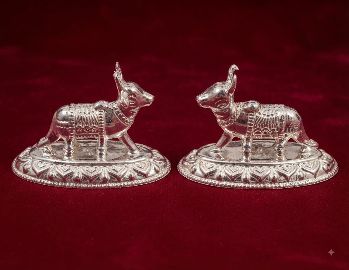 Traditional Silver-Plated Nandi Bull Pair Idols