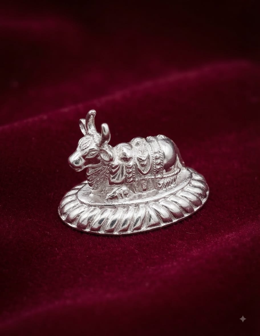 Devotional Silver-Plated Nandi Bull Murti