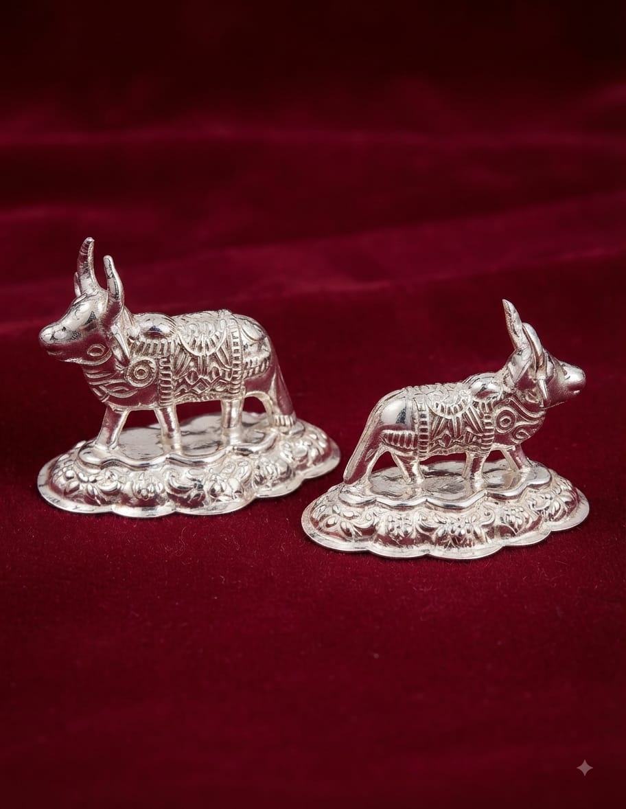 Silver Plated Kamdhenu Cow and Calf Pair