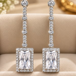 Elegant Emerald-Cut Halo Linear Drop Earrings