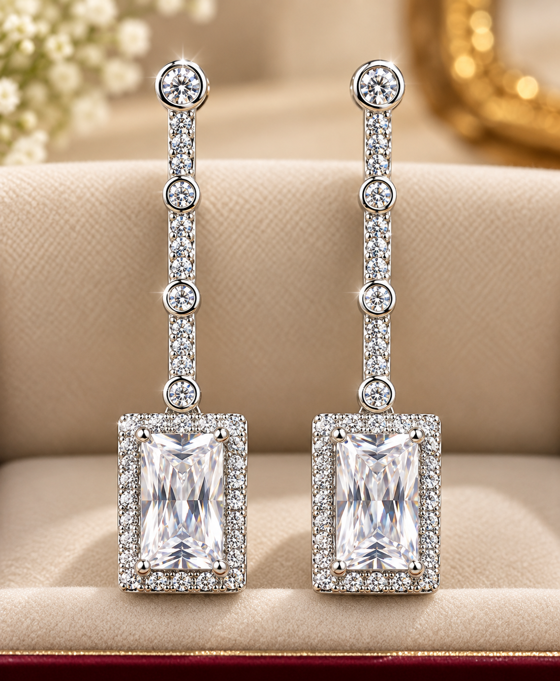 Elegant Emerald-Cut Halo Linear Drop Earrings