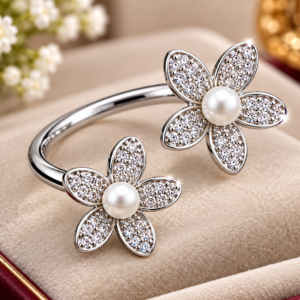 Elegant Pearl and Crystal Floral Bypass Ring