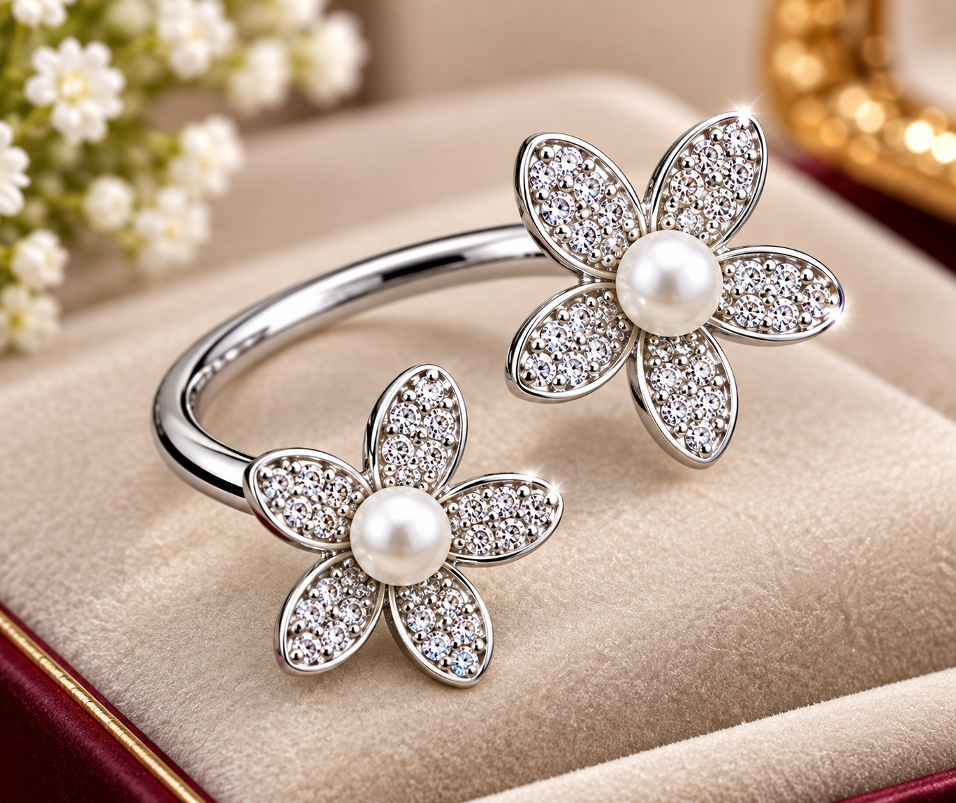 Elegant Pearl and Crystal Floral Bypass Ring